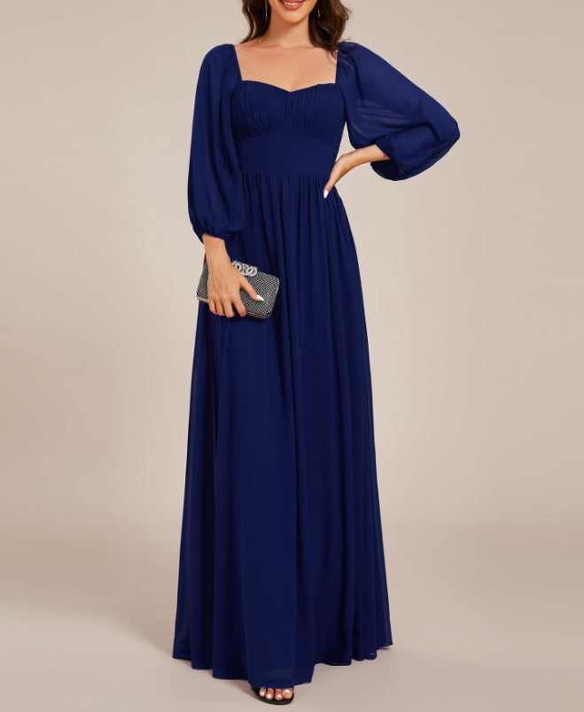 Navy Blue Women's Elegant Ruched Sweetheart Empire Waist A Line Long Sleeves Maxi Chiffon Prom Dresses